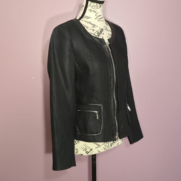 Lafayette 148 New York Black Linen Full Zip Jacket with Leather Accents 6P - Picture 7 of 12